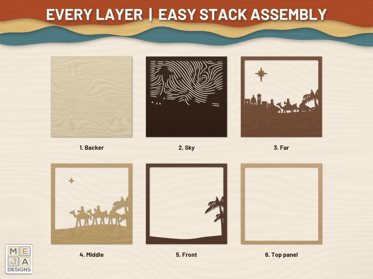 Three Wise Men Layered Scene laser cut file: every layer laid out