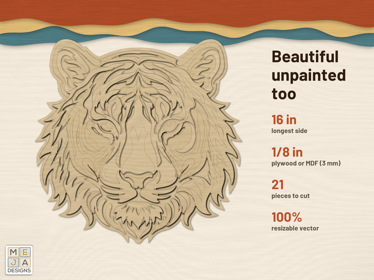 Swirl Tiger Head Sign laser cut file: cut in bare wood, unpainted