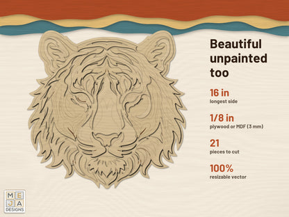 Swirl Tiger Head Sign laser cut file: cut in bare wood, unpainted