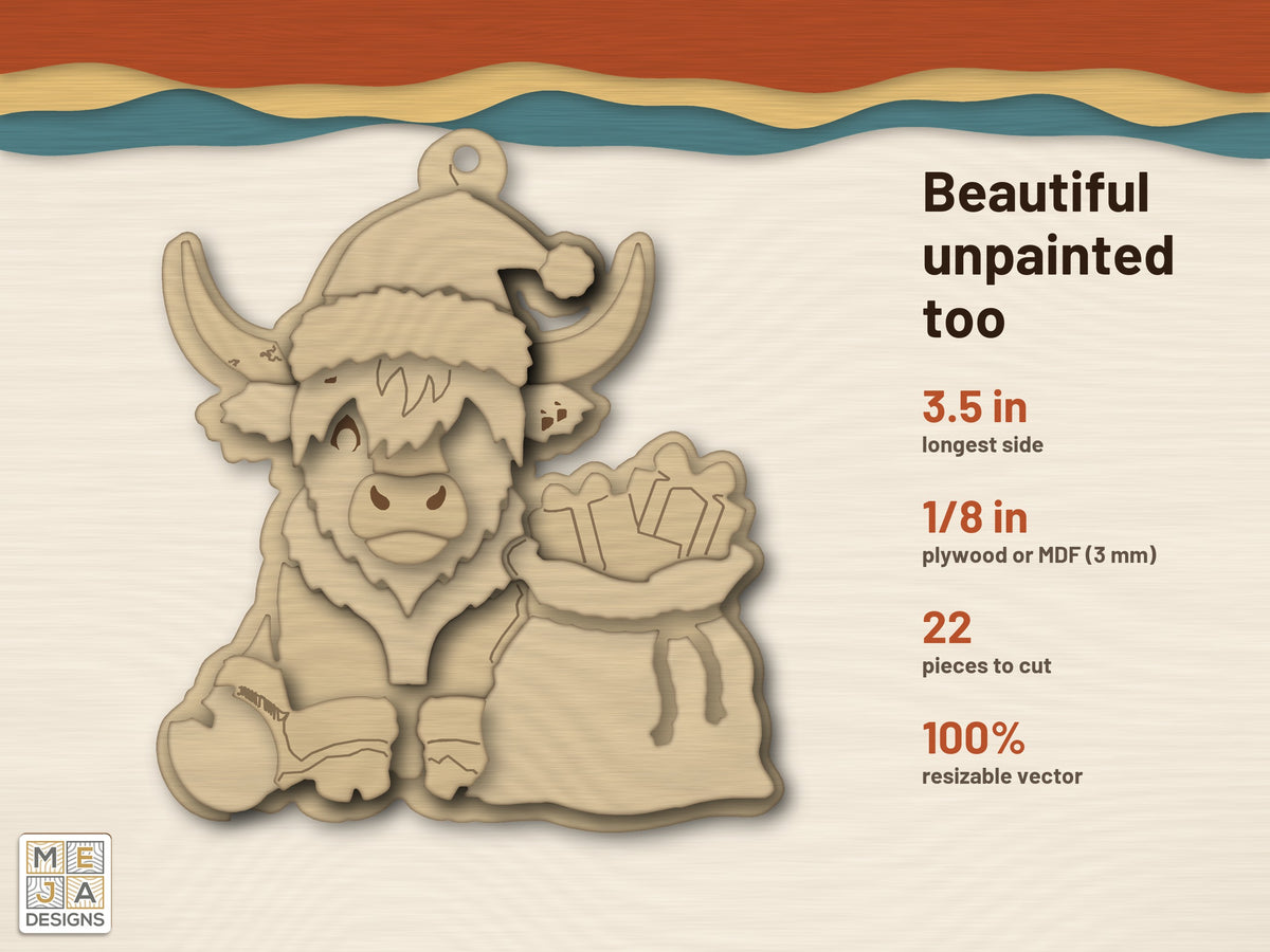 Santa Highland Cow Ornament laser cut file: cut in bare wood, unpainted