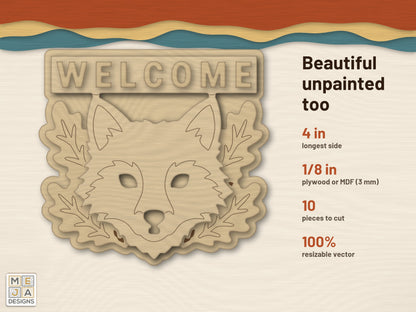 Fox Welcome Magnet laser cut file: cut in bare wood, unpainted