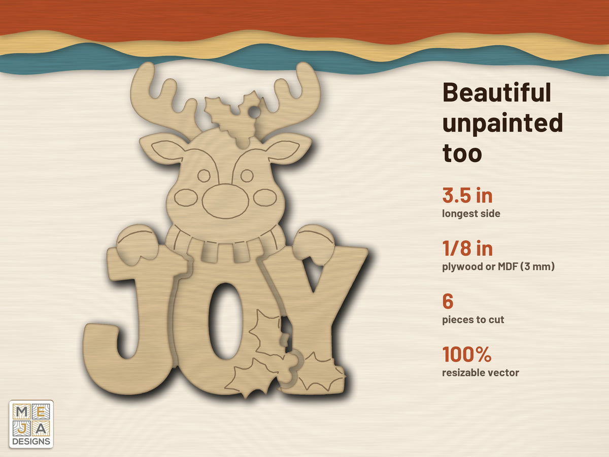 Reindeer JOY Ornament laser cut file: cut in bare wood, unpainted