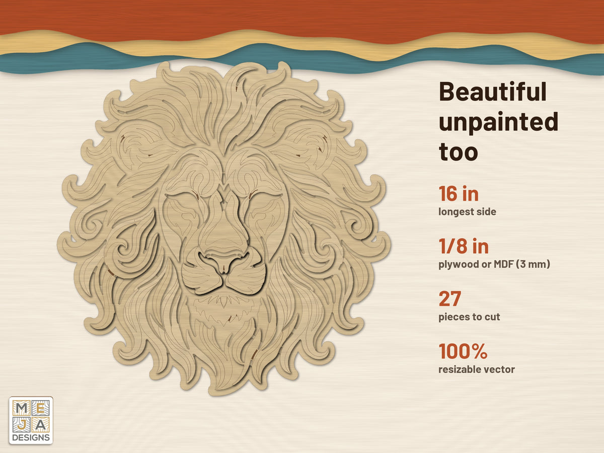 Swirl Lion Head Sign laser cut file: cut in bare wood, unpainted