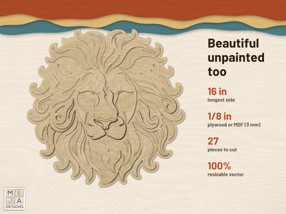 Swirl Lion Head Sign laser cut file: cut in bare wood, unpainted