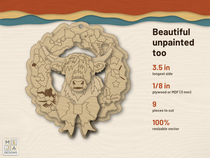 Highland Cow Wreath Ornament laser cut file: cut in bare wood, unpainted
