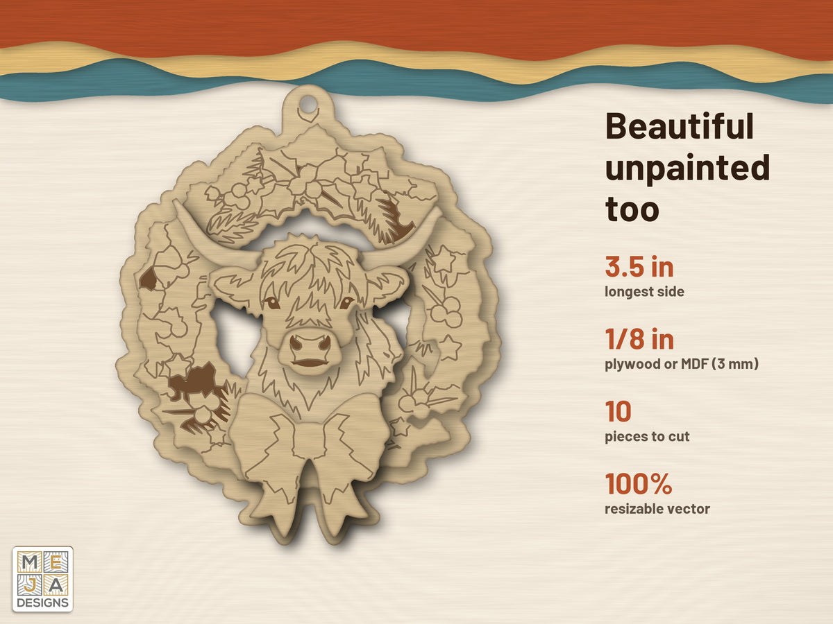 Highland Cow Wreath Ornament laser cut file: cut in bare wood, unpainted