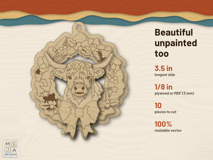 Highland Cow Wreath Ornament laser cut file: cut in bare wood, unpainted