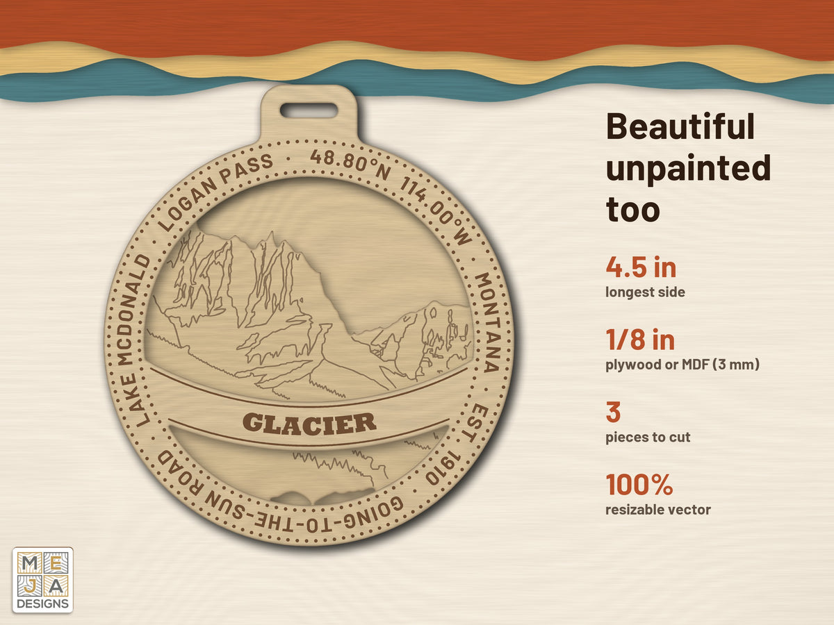 Glacier National Park Ornament laser cut file: cut in bare wood, unpainted