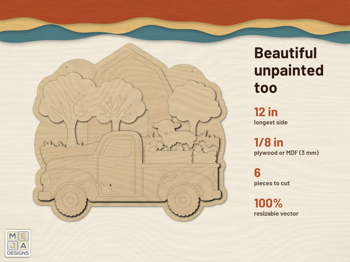 Vintage Spring Farm Truck laser cut file: cut in bare wood, unpainted
