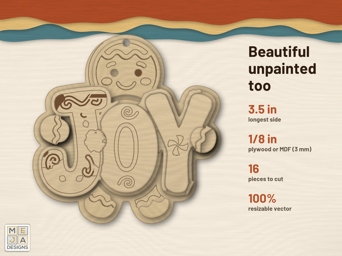 Gingerbread JOY Ornament laser cut file: cut in bare wood, unpainted