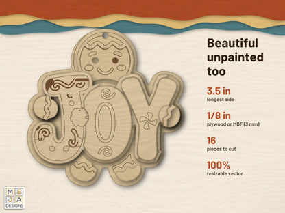 Gingerbread JOY Ornament laser cut file: cut in bare wood, unpainted