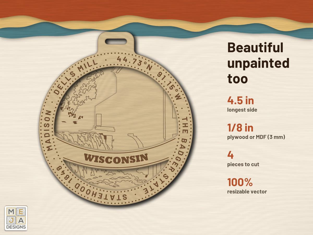Wisconsin State Ornament laser cut file: cut in bare wood, unpainted