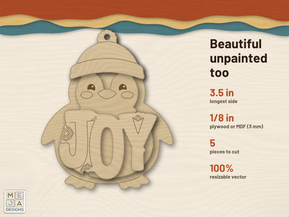 Rustic JOY Penguin Ornament laser cut file: cut in bare wood, unpainted