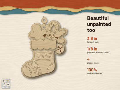 Gingerbread Christmas Stocking Ornament laser cut file: cut in bare wood, unpainted
