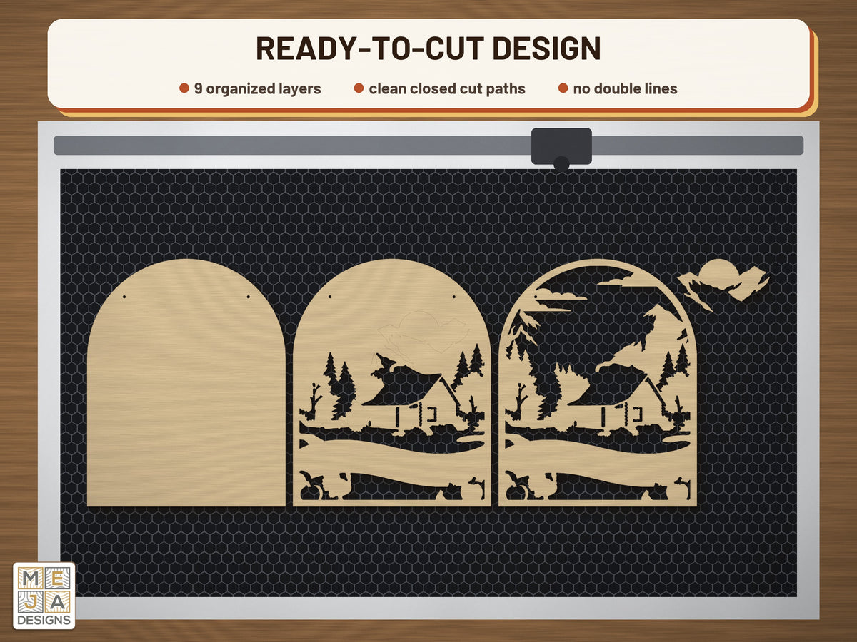 Mountain Thanksgiving Cabin Sign laser cut file: the cut file on a laser bed