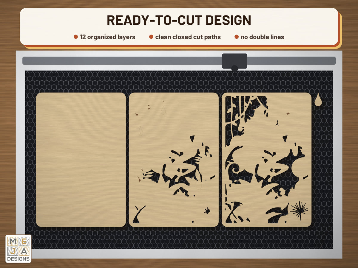 Red-Eyed Tree Frog Jungle laser cut file: the cut file on a laser bed