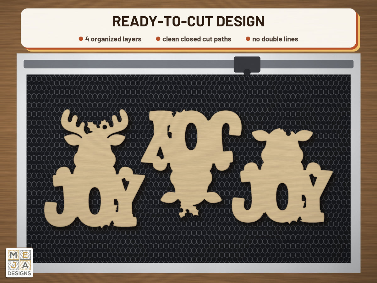 Reindeer JOY Ornament laser cut file: the cut file on a laser bed