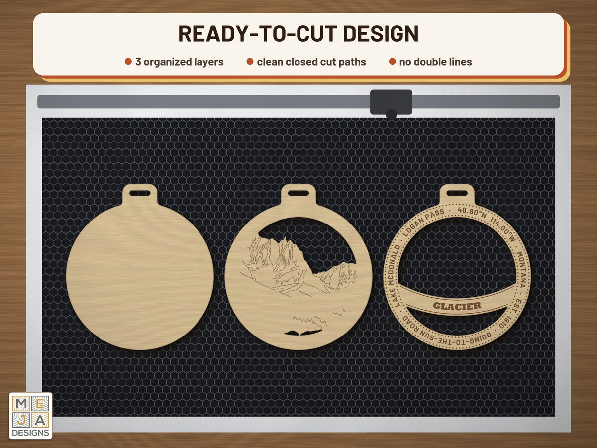 Glacier National Park Ornament laser cut file: the cut file on a laser bed