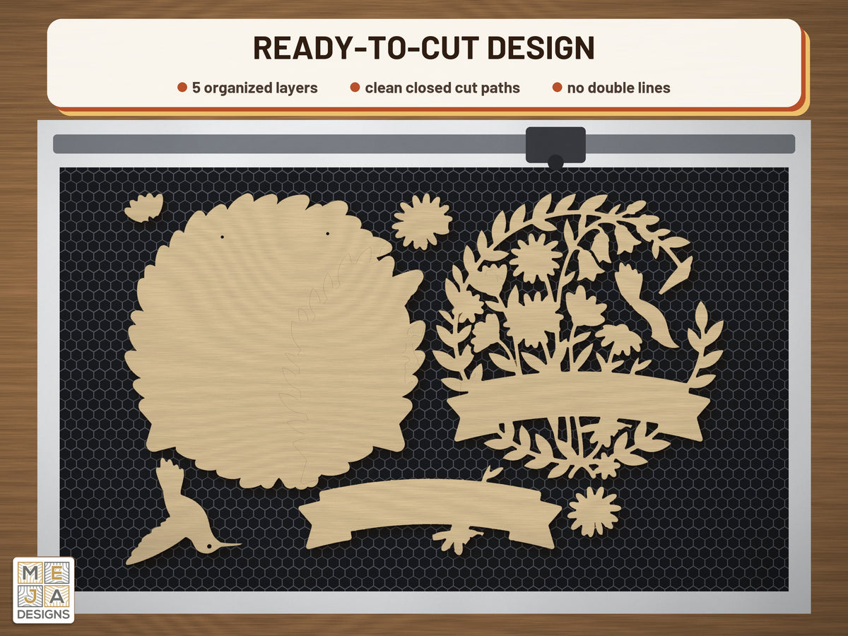 Hummingbird Wildflower Welcome Sign laser cut file: the cut file on a laser bed