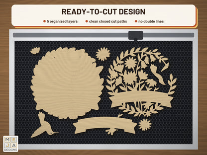 Hummingbird Wildflower Welcome Sign laser cut file: the cut file on a laser bed
