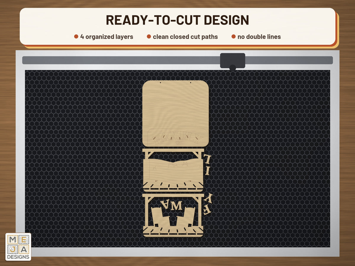 Rustic Family Porch Sign laser cut file: the cut file on a laser bed