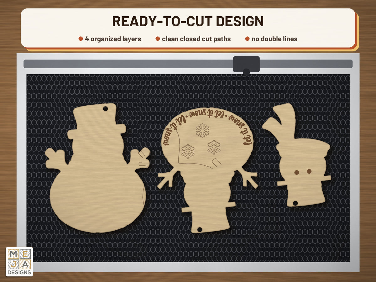 Buffalo Plaid Snowman Ornament laser cut file: the cut file on a laser bed