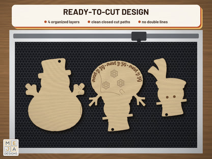 Buffalo Plaid Snowman Ornament laser cut file: the cut file on a laser bed