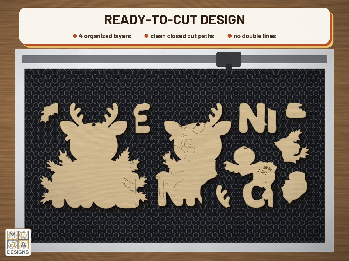 Nice List Reindeer Ornament laser cut file: the cut file on a laser bed