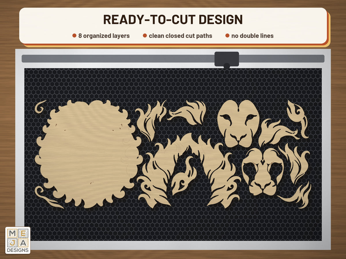 Swirl Lion Head Sign laser cut file: the cut file on a laser bed