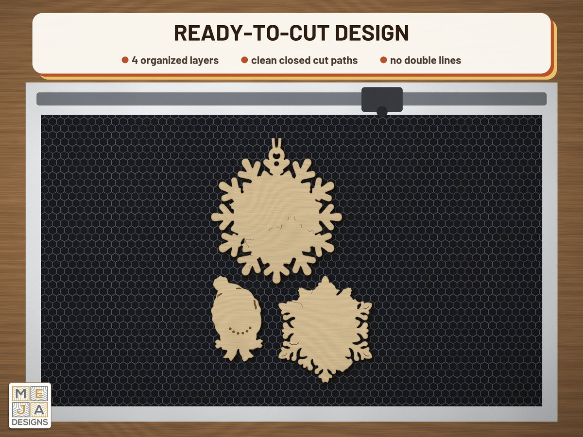 Snowman Snowflake Ornament laser cut file: the cut file on a laser bed