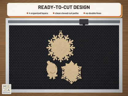 Snowman Snowflake Ornament laser cut file: the cut file on a laser bed