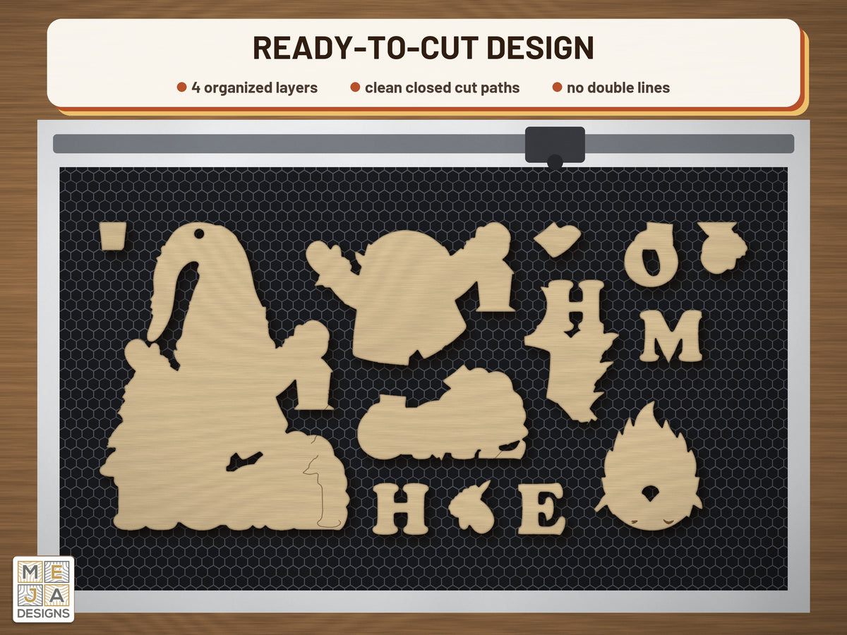 Gnome Lantern HOME Ornament laser cut file: the cut file on a laser bed