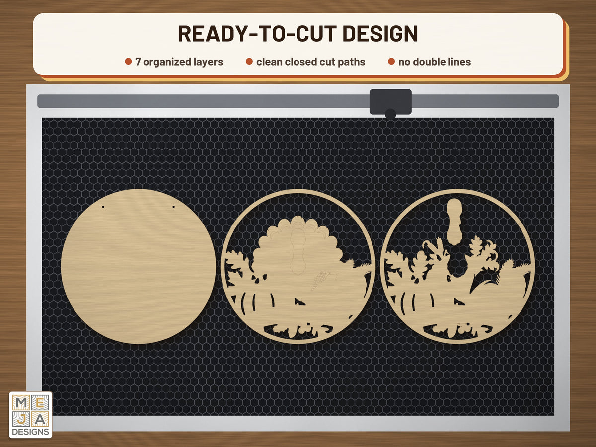 Turkey Pumpkin Patch Round Sign laser cut file: the cut file on a laser bed