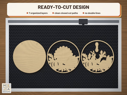 Turkey Pumpkin Patch Round Sign laser cut file: the cut file on a laser bed