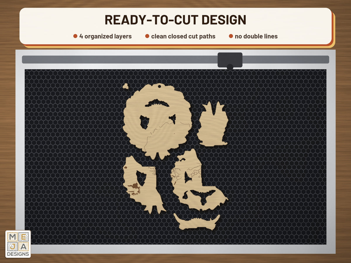 Highland Cow Wreath Ornament laser cut file: the cut file on a laser bed