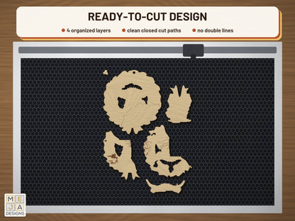 Highland Cow Wreath Ornament laser cut file: the cut file on a laser bed
