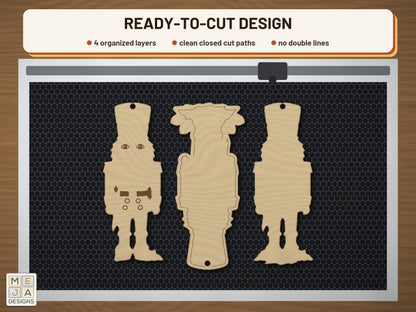 Stained Glass Nutcracker Ornament laser cut file: the cut file on a laser bed
