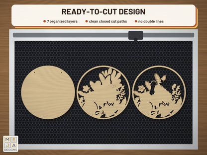 Thanksgiving Harvest Turkey laser cut file: the cut file on a laser bed