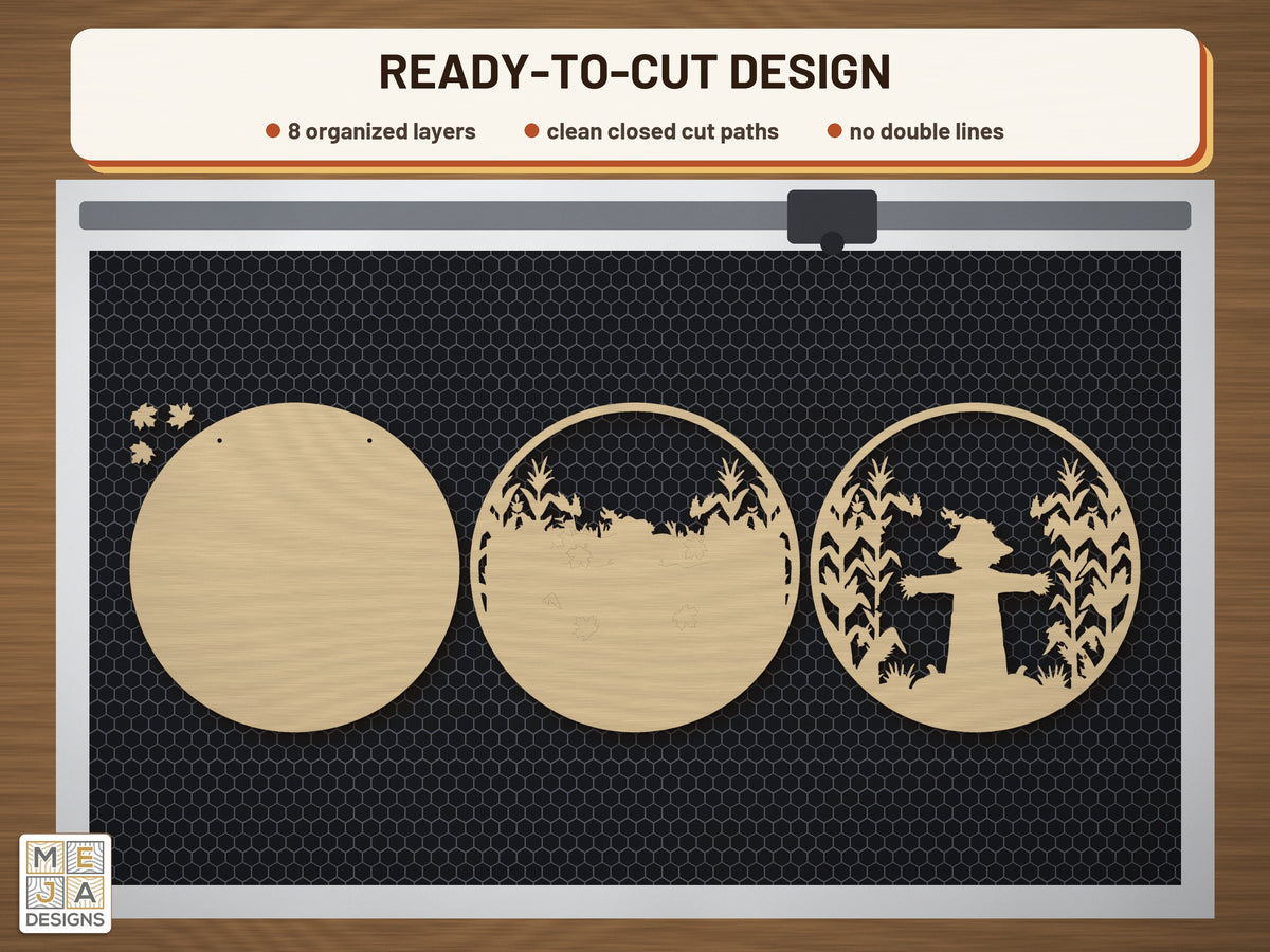 Rustic Cornfield Scarecrow Sign laser cut file: the cut file on a laser bed