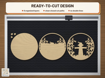 Rustic Cornfield Scarecrow Sign laser cut file: the cut file on a laser bed