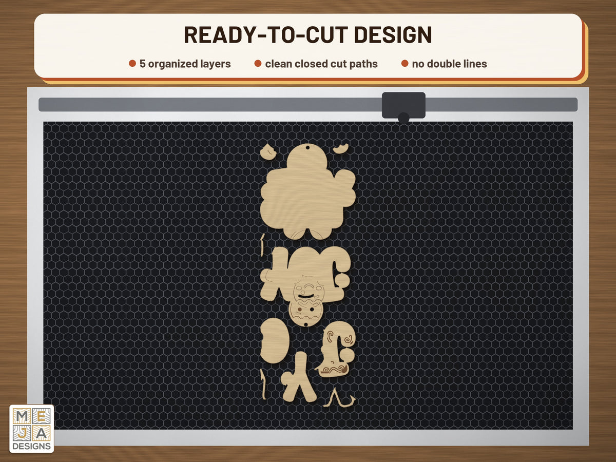 Gingerbread JOY Ornament laser cut file: the cut file on a laser bed