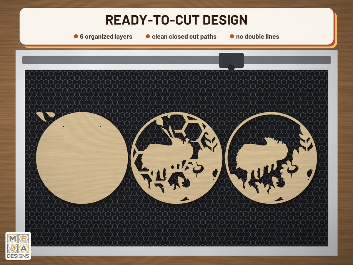 Honeycomb Bee Hanger laser cut file: the cut file on a laser bed