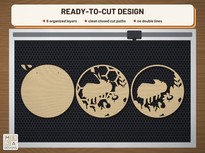 Honeycomb Bee Hanger laser cut file: the cut file on a laser bed