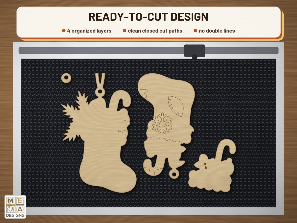 Gingerbread Stocking Ornament laser cut file: the cut file on a laser bed