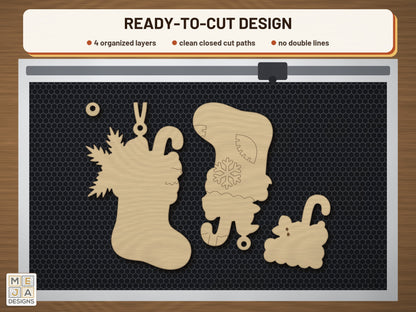 Gingerbread Stocking Ornament laser cut file: the cut file on a laser bed