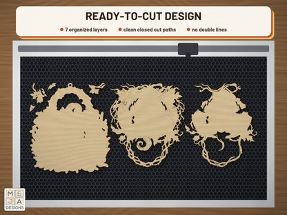 Gnarled Jack-O'-Lantern Hanger laser cut file: the cut file on a laser bed