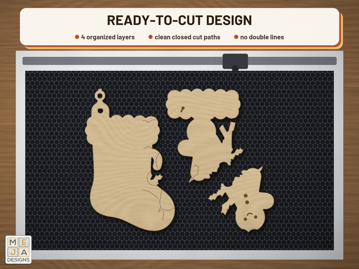 Gingerbread Stocking Ornament laser cut file: the cut file on a laser bed