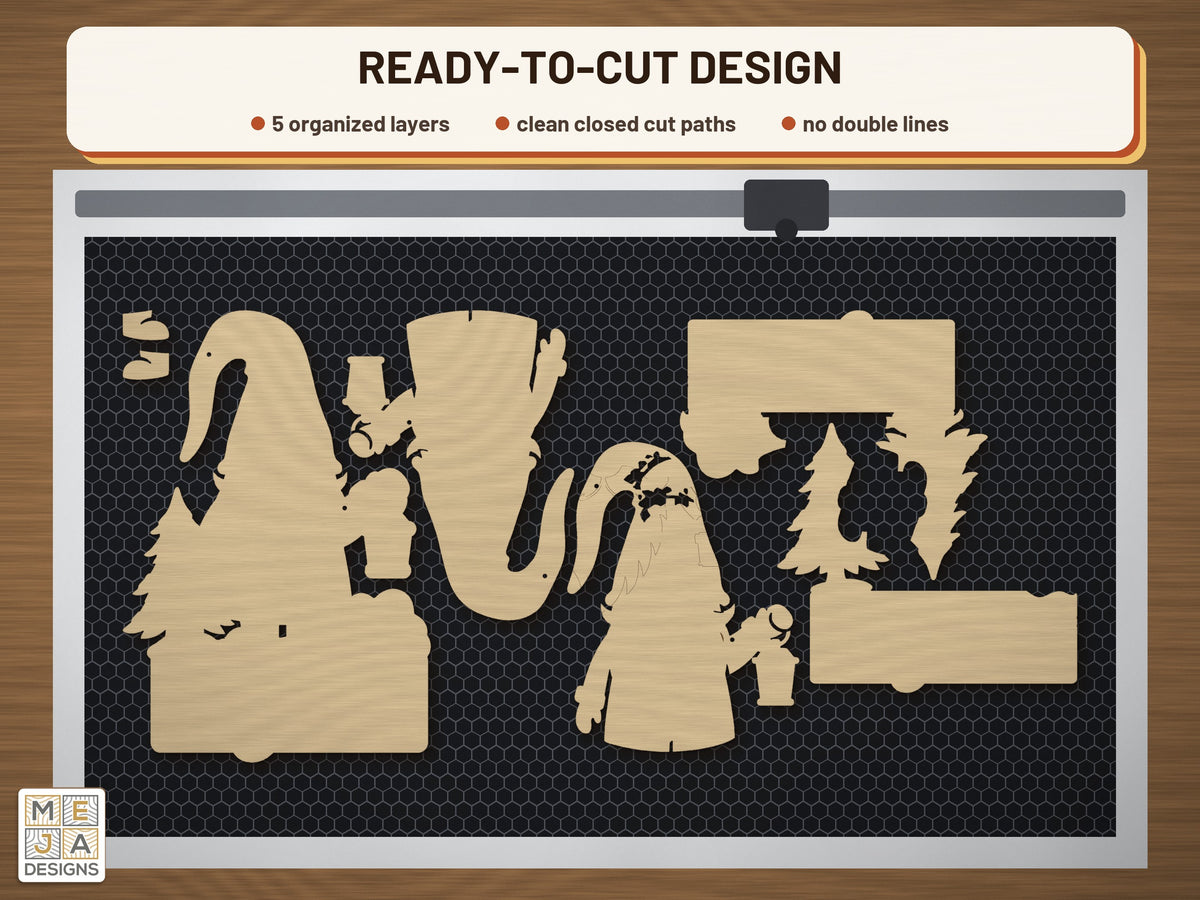 Let It Snow Gnome laser cut file: the cut file on a laser bed