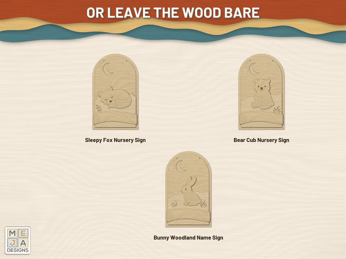 Woodland Animal Sign Set laser cut file: cut in bare wood, unpainted