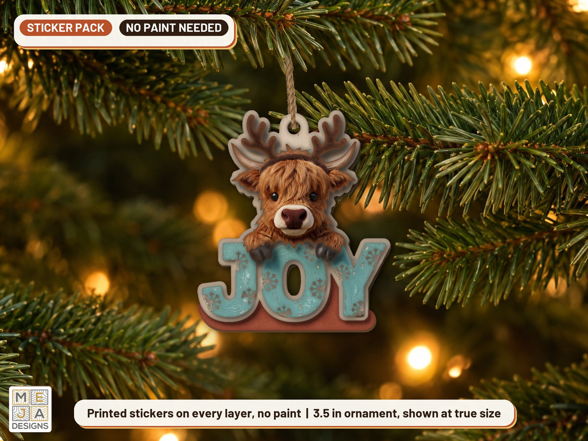 Highland Cow Joy Ornament sticker pack: the piece colored with the stickers, in a room